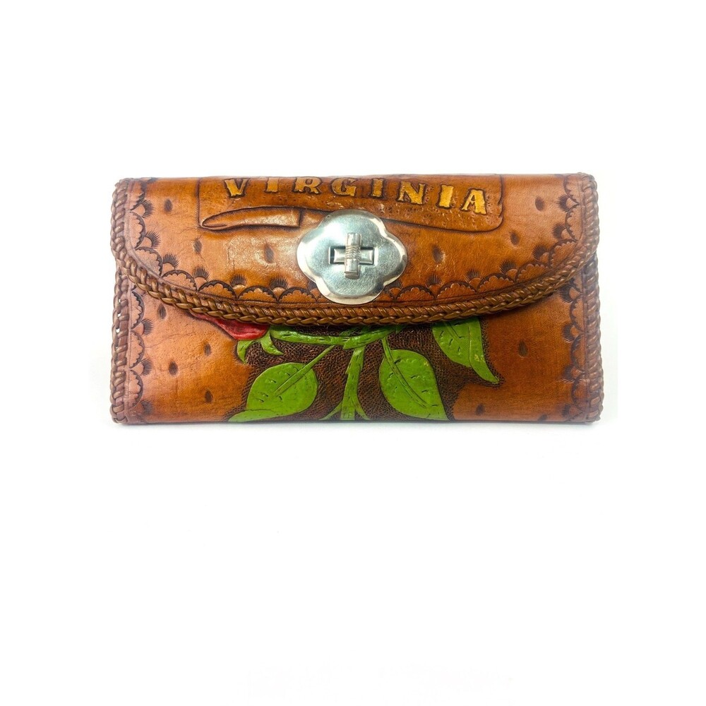 Vintage Hand Tooled Leather Wallet Virginia Souvenir Tooled Rose Ostrich Print